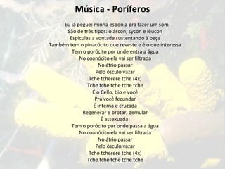 Música - Poríferos
Eu já peguei minha esponja pra fazer um som
São de três tipos: o áscon, sycon e lêucon
Espículas a vontade sustentando à beça
Também tem o pinacócito que reveste e é o que interessa
Tem o porócito por onde entra a água
No coanócito ela vai ser filtrada
No átrio passar
Pelo ósculo vazar
Tche tcherere tche (4x)
Tche tche tche tche tche
É o Cello, bio e você
Pra você fecundar
É interna e cruzada
Regenerar e brotar, gemular
É assexuada!
Tem o porócito por onde passa a água
No coanócito ela vai ser filtrada
No átrio passar
Pelo ósculo vazar
Tche tcherere tche (4x)
Tche tche tche tche tche
 