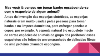 Mas você já pensou em tomar banho ensaboando-se
com o esqueleto de algum animal?
Antes da invenção das esponjas sintéticas, as esponjas
naturais eram muito usadas pelas pessoas para tomar
banho e na limpeza doméstica, para esfregar panelas e
copos, por exemplo. A esponja natural é o esqueleto macio
de certas espécies de animais do grupo dos poríferos; esses
esqueletos são feitos de um emaranhado de delicadas fibras
de uma proteína chamada espongina.
 