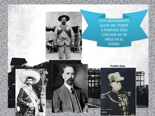 ESTE MOVIMIENTO
QUITA DEL PODER
A PORFIRIO DÍAZ
CON MÁS DE 30
AÑOS EN EL
PODER.
 