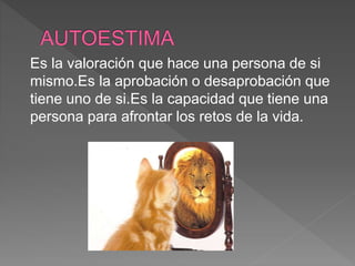 Es la valoración que hace una persona de si
mismo.Es la aprobación o desaprobación que
tiene uno de si.Es la capacidad que tiene una
persona para afrontar los retos de la vida.
 