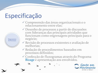 Especificação
 Compreensão das áreas organizacionais e o
relacionamento entre elas;
 Desenho de processos a partir de discussões
com lideranças das principais atividades que
funcionam como engrenagens principais para o
negócio;
 Revisão de processos existentes e avaliação de
melhorias;
 Redação de procedimentos baseados em
processos definidos;
 Confecção de fluxogramas através do Programa
Bizage e apresentação aos envolvidos.
Mapeamento
de Processos
 