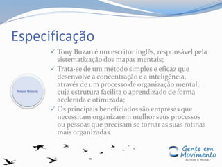 Especificação
 Tony Buzan é um escritor inglês, responsável pela
sistematização dos mapas mentais;
 Trata-se de um método simples e eficaz que
desenvolve a concentração e a inteligência,
através de um processo de organização mental,,
cuja estrutura facilita o aprendizado de forma
acelerada e otimizada;
 Os principais beneficiados são empresas que
necessitam organizarem melhor seus processos
ou pessoas que precisam se tornar as suas rotinas
mais organizadas.
Mapas Mentais
 