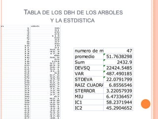 TABLA DE LOS DBH DE LOS ARBOLES
               Y LA ESTDISTICA
n        dbh
     1           36
     2           31
     3           26
     4           24
     5          113
     6           59
     7           32
     8           37
     9           40
    10           10
    11           21
    12
    13
    14
               50.5
               45.3
               17.4
                       numero de muestra    47
    15
    16
    17
                 86
               56.5
                 55
                       promedio    51.7638298
    18
    19
    20
                104
               57.3
               83.3
                       Sum              2432.9
    21
    22
    23
               56.4
               54.1
               31.4
                       DEVSQ       22424.5485
    24
    25
                 54
               67.5    VAR         487.490185
    26         52.6
    27
    28
               44.9
               61.7    STDEVA      22.0791799
    29         52.2
    30
    31
               60.7
               85.7    RAIZ CUADRADA DE N
                                    6.8556546
    32         71.5
    33
    34
               72.9
               75.4
                       STERROR     3.22057939
    35         27.7
    36
    37
                 67
               82.1
                       MIU         6.47336457
                       IC1         58.2371944
    38         49.8
    39         42.9
    40         59.5


                       IC2         45.2904652
    41         46.1
    42         33.4
    43         32.2
    44         53.5
    45         27.5
    46         47.8
    47         38.1
 