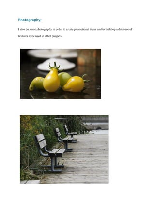 Photography;
I also do some photography in order to create promotional items and to build op a database of
textures to be used in other projects.