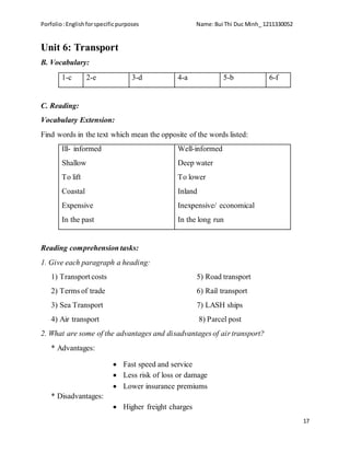Porfolio:Englishforspecificpurposes Name:Bui Thi Duc Minh_ 1211330052
17
Unit 6: Transport
B. Vocabulary:
1-c 2-e 3-d 4-a 5-b 6-f
C. Reading:
Vocabulary Extension:
Find words in the text which mean the opposite of the words listed:
Ill- informed
Shallow
To lift
Coastal
Expensive
In the past
Well-informed
Deep water
To lower
Inland
Inexpensive/ economical
In the long run
Reading comprehension tasks:
1. Give each paragraph a heading:
1) Transport costs 5) Road transport
2) Terms of trade 6) Rail transport
3) Sea Transport 7) LASH ships
4) Air transport 8) Parcel post
2. What are some of the advantages and disadvantages of air transport?
* Advantages:
 Fast speed and service
 Less risk of loss or damage
 Lower insurance premiums
* Disadvantages:
 Higher freight charges
 