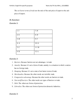Porfolio:Englishforspecificpurposes Name:Bui Thi Duc Minh_ 1211330052
2
The net barter terms of trade are the ratio of the unit price of export to the unit
price of import.
D. Exercises:
Exercise 1:
1. I 7. H
2. E 8. D
3. B 9. F
4. A 10. G
5. C 11. M
6. K 12. L
Exercise 2:
1. Barriers. Because barriers are not advantages in trade
2. Autarky. Because it’s not a form of trade, autarky is a situation in which a nation
has no foreign trade.
3. Dumping. Because it’s not a state of net barter terms of trade.
4. Merchandise. Because the other words are invisible trade.
5. Comparative advantage. Because the other words are barriers to trade.
6. Non-tariff barriers. The other words are types of barriers to trade.
7. Debt. The others are forms of protection.
8. Liberalize. The others are forms of protection domestic industries.
Exercise 3:
 