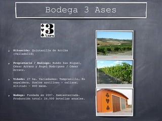 Bodega 3 Ases
Situación: Quintanilla de Arriba
(Valladolid)
Propietario / Enólogo: Rubén San Miguel,
César Arranz y Ángel ...
