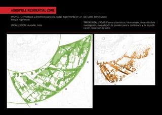 AUROVILLE RESIDENTIAL ZONE
PROYECTO: Prototipos y directrices para una ciudad experimental en un ESTUDIO: Berlin Studio
bosque regenerado
                                                                      TAREAS REALIZADAS: Planos urbanísticos, fotomontajes, desarrollo de la
LOCALIZACIÓN: Auroville, India                                        investigación, maquetación de paneles para la conferencia y de la publi-
                                                                      cación, redacción de textos
 