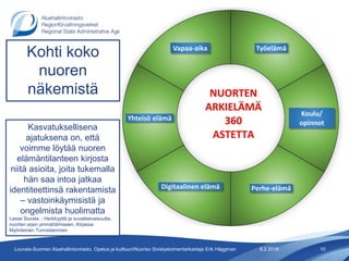 8.2.2018 10Lounais-Suomen Aluehallintovirasto, Opetus ja kulttuuri/Nuoriso Sivistystoimentarkastaja Erik Häggman
Kohti koko
nuoren
näkemistä
Kasvatuksellisena
ajatuksena on, että
voimme löytää nuoren
elämäntilanteen kirjosta
niitä asioita, joita tukemalla
hän saa intoa jatkaa
identiteettinsä rakentamista
– vastoinkäymisistä ja
ongelmista huolimatta
Lasse Siurala; ; Herkkyyttä ja suvaitsevaisuutta,
nuorten arjen ymmärtämiseen, Kirjassa
Myönteinen Tunnistaminen
 