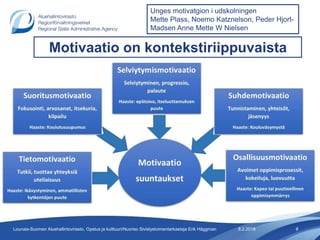 8.2.2018 8Lounais-Suomen Aluehallintovirasto, Opetus ja kulttuuri/Nuoriso Sivistystoimentarkastaja Erik Häggman
Motivaatio on kontekstiriippuvaista
Unges motivatgion i udskolningen
Mette Plass, Noemo Katznelson, Peder Hjort-
Madsen Anne Mette W Nielsen
 