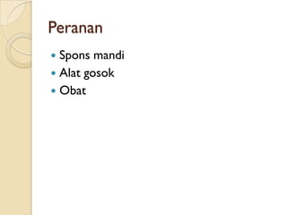 Peranan
 Spons mandi
 Alat gosok
 Obat
 