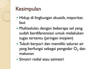 Kesimpulan
 Hidup di lingkungan akuatik, mayoritas
laut
 Multiseluler, dengan beberapa sel yang
sudah berdiferensiasi untuk melakukan
tugas tertentu (jaringan insipien)
 Tubuh berpori dan memiliki saluran air
yang berfungsi sebagai pengedar O2 dan
makanan
 Simetri radial atau asimetri
 
