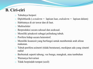 B. Ciri-ciri
o Tubuhnya berpori
o Diploblastik ( ectoderm = lapisan luar, endoderm = lapisan dalam)
o Habitatnya di air tawar dan di laut.
o Multiseluler
o Berproduksi secara seksual dan aseksual.
o Memiliki pinakosit sebagai pelindung tubuh.
o Porifera hidup secara heterotrof.
o Memiliki koanosit yang berfungsi untuk membentuk arah aliran
makanan.
o Tubuh porifera asimetri (tidak beraturan), meskipun ada yang simetri
radial
o Berbentuk seperti tabung, vas bunga, mangkuk, atau tumbuhan
o Warnanya bervariasi
o Tidak berpindah tempat (sesil)
 