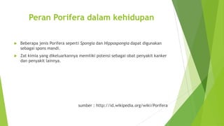Peran Porifera dalam kehidupan
 Beberapa jenis Porifera seperti Spongia dan Hippospongia dapat digunakan
sebagai spons mandi.
 Zat kimia yang dikeluarkannya memiliki potensi sebagai obat penyakit kanker
dan penyakit lainnya.
sumber : http://id.wikipedia.org/wiki/Porifera
 