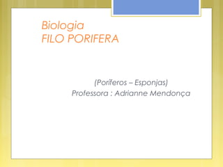 Biologia
FILO PORIFERA


           (Poríferos – Esponjas)
     Professora : Adrianne Mendonça
 