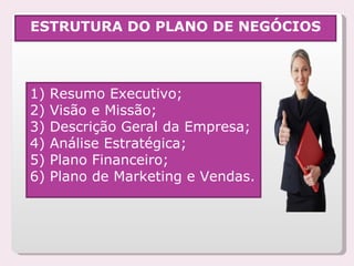 ESTRUTURA DO PLANO DE NEGÓCIOS 1) Resumo Executivo; 2) Visão e Missão; 3) Descrição Geral da Empresa; 4) Análise Estratégica; 5) Plano Financeiro; 6) Plano de Marketing e Vendas.  