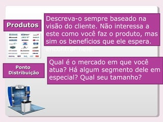 Produtos Descreva-o sempre baseado na visão do cliente. Não interessa a este como você faz o produto, mas sim os benefícios que ele espera. encontrar nele. Ponto  Distribuição Qual é o mercado em que você atua? Há algum segmento dele em especial? Qual seu tamanho?  