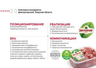 2 0 Ключевые конкуренты
Дмитрогорский, Тверская область
ПОЗИЦИОНИРОВАНИЕ
Разнонаправленное.
Семейные ценности, свое родное.
РЕАЛИЗАЦИЯ
1. Собственная торговая сеть -
более 100 магазинов;
2. Федеральные сети;
3. Региональная сетевая розница.
КОММУНИКАЦИИ
1. Свое родное;
2. Семейные ценности;
3. Гарант качества;
4. Традиции производства .
SKU
1. Колбасные изделия;
2. Молочные изделия;
3. Замороженные полуфабрикаты;
4. Охлажденные полуфабрикаты;
5. Охлажденное мясо без упаковки;
6. Охлажденное мясо в вакуумной упаковке
(свинина: вырезка, карбонад, корейка,
лопатка, окорок, шейка, котлетное мясо,
разрубы фирменные, фарш (400гр и 700гр)).
 