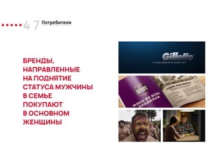 4 7 Потребители
БРЕНДЫ,
НАПРАВЛЕННЫЕ
НА ПОДНЯТИЕ
СТАТУСА МУЖЧИНЫ
В СЕМЬЕ
ПОКУПАЮТ
В ОСНОВНОМ
ЖЕНЩИНЫ
 