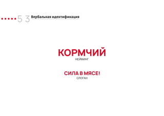 5 3Вербальная идентификация
НЕЙМИНГ
КОРМЧИЙ
СЛОГАН
СИЛА В МЯСЕ!
 