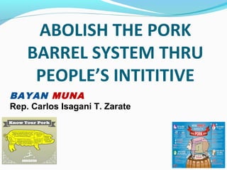 ABOLISH THE PORK
BARREL SYSTEM THRU
PEOPLE’S INTITITIVE
BAYAN MUNA
Rep. Carlos Isagani T. Zarate
 