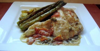 Pan Seared Pork Cutlets with a White Wine Lemon Caper Sauce and Grilled Asparagus Served with Roasted Yukon Potatoes