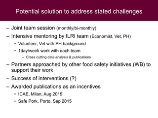 Potential solution to address stated challenges
– Joint team session (monthly/bi-monthly)
– Intensive mentoring by ILRI team (Economist, Vet, PH)
• Volunteer, Vet with PH background
• 1day/week work with each team
– Cross cutting data analysis & publications
– Partners approached by other food safety initiatives (WB) to
support their work
– Success of interventions (?)
– Awarded publications as an incentives
• ICAE, Milan, Aug 2015
• Safe Pork, Porto, Sep 2015
 