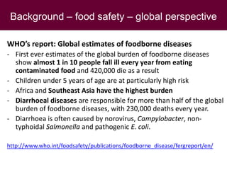 Background – food safety – global perspective
WHO’s report: Global estimates of foodborne diseases
- First ever estimates of the global burden of foodborne diseases
show almost 1 in 10 people fall ill every year from eating
contaminated food and 420,000 die as a result
- Children under 5 years of age are at particularly high risk
- Africa and Southeast Asia have the highest burden
- Diarrhoeal diseases are responsible for more than half of the global
burden of foodborne diseases, with 230,000 deaths every year.
- Diarrhoea is often caused by norovirus, Campylobacter, non-
typhoidal Salmonella and pathogenic E. coli.
http://www.who.int/foodsafety/publications/foodborne_disease/fergreport/en/
 