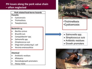 PH issues along the pork value chain
– often neglected
Pork related food-borne hazards
Parasitic
 Cysticercosis
 Trichinellosis
 Toxoplasmosis
Bacterial e.g.
 Bacillus cereus
 Brucella suis
 Campylobacter spp.
 Salmonella spp.
 Streptococcus suis
 Shiga toxin producing E. coli
 Yersinia enterocolitica
Chemical
 Antibiotic residues
 Aflatoxins
 Steroids/growth promoters
 Heavy metal
Source: PigRISK Project proposal
 Salmonella spp.
 Streptococcus suis
 Antibiotic residues
 Growth promoters
•Trichinellosis
•Cysticercosis
 