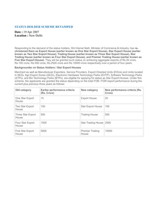 STATUS HOLDER SCHEME REVAMPED
Date : 19 Apr 2007
Location : New Delhi
Responding to the demand of the status holders, Shri Kamal Nath, Minister of Commerce & Industry, has re-
christened them as Export House (earlier known as One Star Export House), Star Export House (earlier
known as Two Star Export House), Trading House (earlier known as Three Star Export House), Star
Trading House (earlier known as Four Star Export House), and Premier Trading House (earlier known as
Five Star Export House). They will be granted such status on achieving aggregate exports of Rs.20 crore,
Rs.100 crore, Rs.500 crore, Rs.2500 crore and Rs.10000 crore respectively over a period of four years.
Backgrounder on Status Holders / Star Export Houses
Merchant as well as Manufacturer Exporters, Service Providers, Export Oriented Units (EOUs) and Units located
in SEZs, Agri Export Zones (AEZs), Electronic Hardware Technology Parks (EHTP), Software Technology Parks
(STPs), and Bio Technology Parks (BTPs), are eligible for applying for status as Star Export Houses. Under this
scheme, the applicants are granted the status depending on the total FOB / FOR export performance during the
current plus previous three years as follows:
Old category Earlier performance criteria
(Rs. Crore)
New category New performance criteria (Rs.
Crore)
One Star Export
House
15 Export House 20
Two Star Export
House
100 Star Export House 100
Three Star Export
House
500 Trading House 500
Four Star Export
House
1500 Star Trading House 2500
Five Star Export
House
5000 Premier Trading
House
10000
 