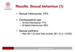 Results: Sexual behaviour (1) Sexual intercourse: 74% Contraceptive use: At first intercourse: 71%  At latest intercourse: 68% Sexual partners:  Men ( M  = 3) more than women ( M  = 2; p = 0.002) 