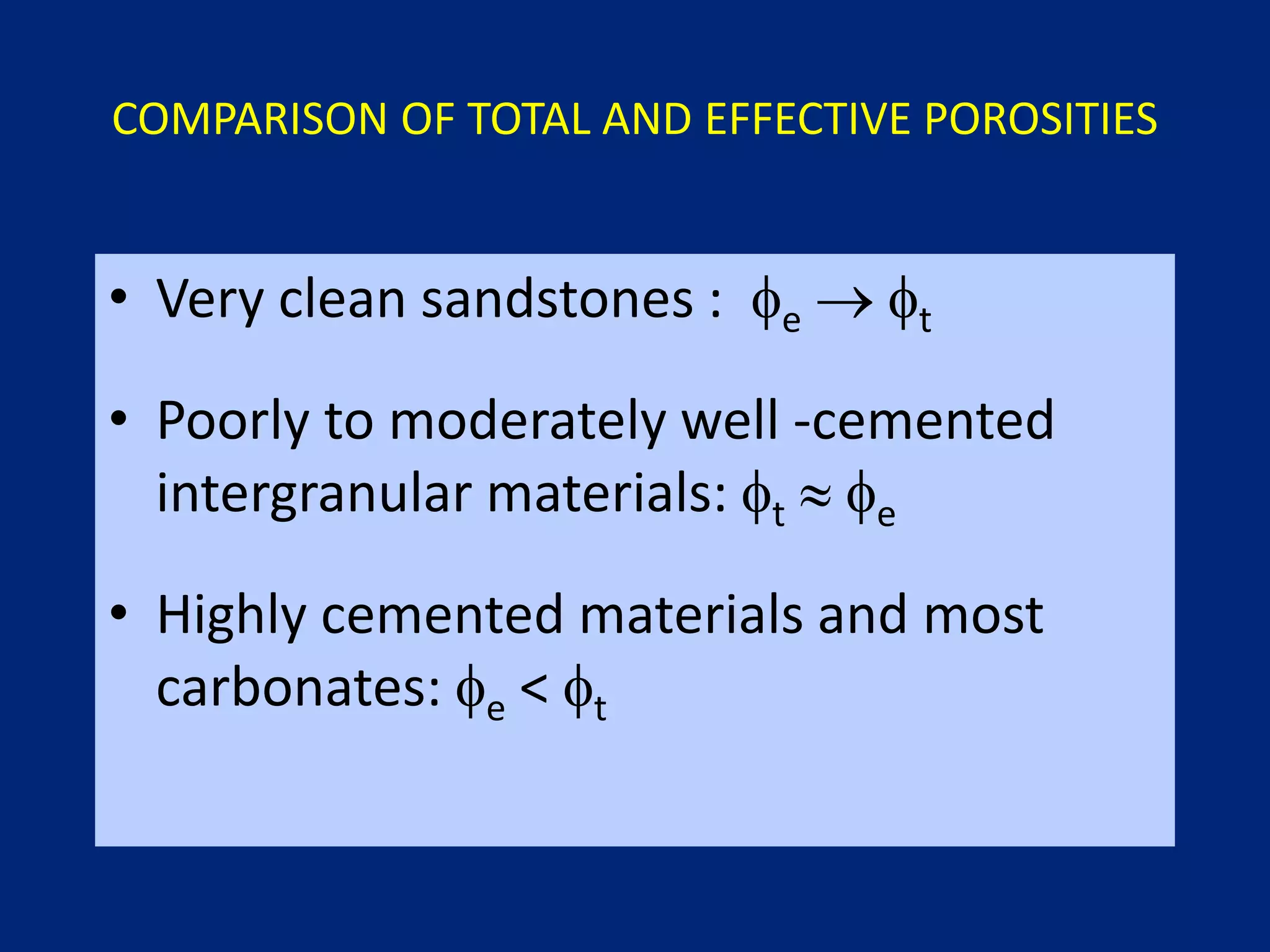 COMPARISON OF TOTAL AND EFFECTIVE POROSITIES 
• Very clean sandstones : e  t 
• Poorly to moderately well -cemented 
intergranular materials: t  e 
• Highly cemented materials and most 
carbonates: e < t 
 