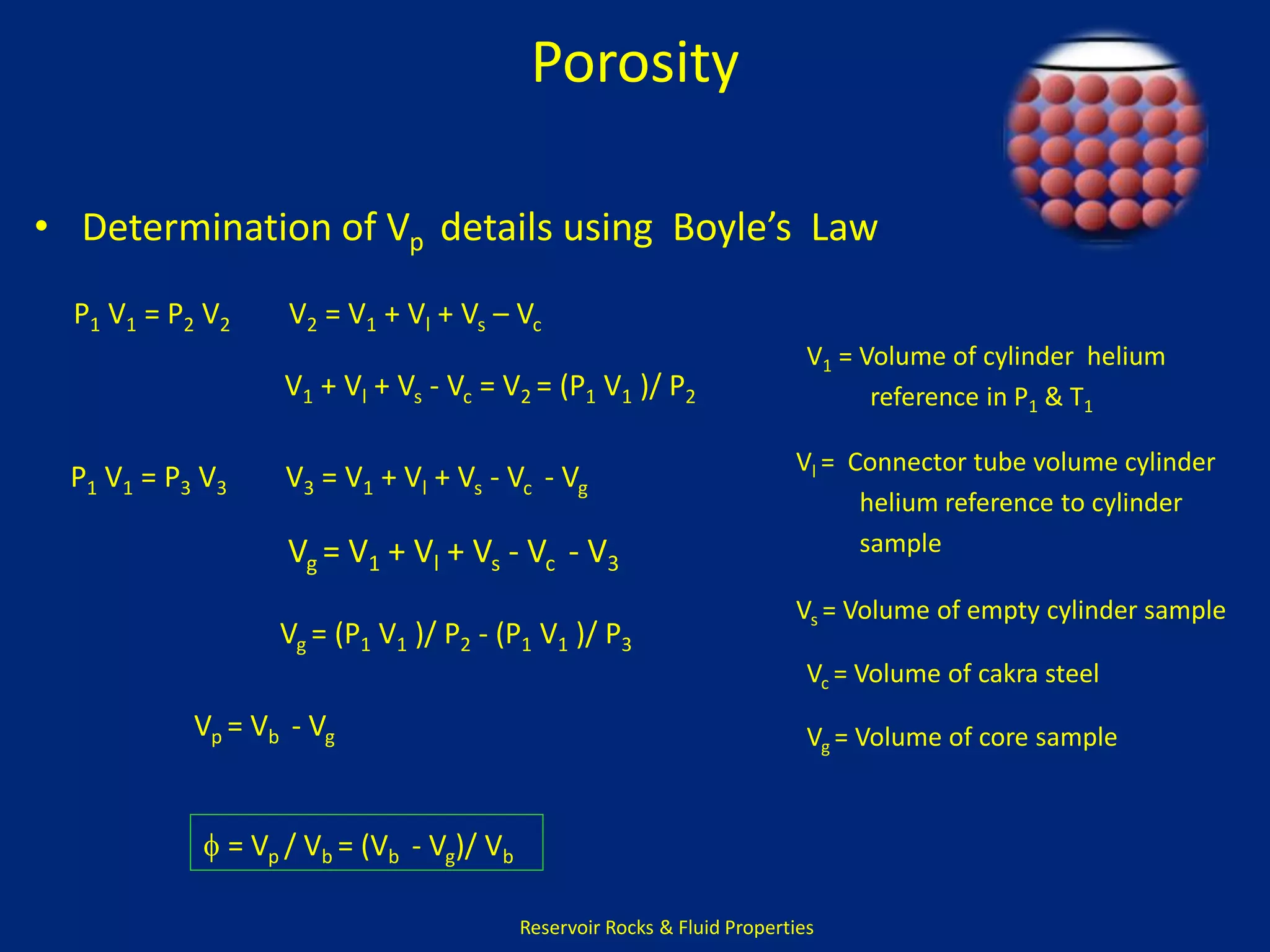 Porosity 
• Determination of Vp details using Boyle’s Law 
P1 V1 = P2 V2 V2 = V1 + Vl + Vs – Vc 
V1 + Vl + Vs - Vc = V2 = (P1 V1 )/ P2 
P1 V1 = P3 V3 V3 = V1 + Vl + Vs - Vc - Vg 
Vg = V1 + Vl + Vs - Vc - V3 
Vg = (P1 V1 )/ P2 - (P1 V1 )/ P3 
Vp = Vb - Vg 
Reservoir Rocks & Fluid Properties 
 = Vp / Vb = (Vb - Vg)/ Vb 
V1 = Volume of cylinder helium 
reference in P1 & T1 
Vl = Connector tube volume cylinder 
helium reference to cylinder 
sample 
Vs = Volume of empty cylinder sample 
Vc = Volume of cakra steel 
Vg = Volume of core sample 
 