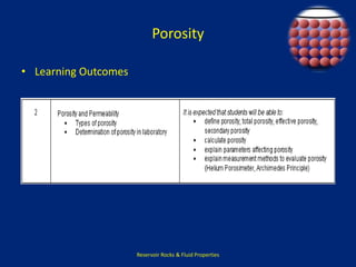 Porosity 
• Learning Outcomes 
Reservoir Rocks & Fluid Properties 
 