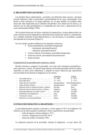 La porosidad de las rocas carbonatadas (Abr. 2006)
Fco. Javier Alonso Rodríguez. Departamento de Geología (Petrología y Geoquímica). Universidad de Oviedo. Página 15 de 18
4. RELACIÓN CON LAS FACIES
Las distintas facies sedimentarias –asociadas a los diferentes tipos rocosos– muestran
elevada influencia sobre la porosidad y permeabilidad de las rocas carbonatadas. Este
hecho es bien conocido en el campo aplicado; así, en gran medida, los estudios sobre
facies han sido impulsados por la industria del petróleo. Este interés por las facies y su
relación con los tipos petrográficos es compartido por otros usos y aplicaciones de las
rocas carbonatadas (Flügel, 1982).
De la misma forma que las facies controlan la composición y textura deposicional, así
como muchos procesos diagenéticos (dolomitización, disolución selectiva, cementación,
etc.), también controlan la porosidad primaria y, con frecuencia, la secundaria, cuando
ésta depende de la primaria (Figura 3).
En este sentido, pueden establecerse las siguientes relaciones:
 Zonas de plataforma: porosidad intragranular
- intermareal: porosidad fenestral
- submareal: porosidad matricial
 Arenas oolíticas y bioclásticas: porosidad intergranular.
 Zonas de arrecife: porosidad de bioconstrucción
 Zonas de talud.
Comparación de la porosidad entre areniscas y calizas
Resulta ilustrativo comparar la porosidad –así como otros elementos petrográficos–
entre areniscas y calizas. En primer lugar destaca la elevada porosidad inicial en ambos
materiales, es decir como sedimentos, y después la mayor reducción que experimenta
esa porosidad inicial durante la diagénesis en las calizas:
Areniscas Calizas
 Porosidad inicial…………………………….. 25 - 40% 0 - 70 %
 Porosidad final ……………………………... 15 - 30 % 5 - 15 %
 Tipos de poros iniciales…………………….. Intergranulares Inter/Intragranulares
 Tipos de poros finales………………………. Intergranulares Variados
 Relación entre el tamaño de poros y granos... Elevada Poca
 Relación entre la forma de poros y granos…. Negativo Variada
 Homogeneidad de un cuerpo rocoso……..… Elevada Variable
 Influencia la de diagénesis……………….…. Poca Mucha
 Evaluación visual…………………………… Fácil Variable
 Relación con la permeabilidad……………… Buena Variable
5. EVOLUCION DURANTE LA DIAGÉNESIS.
La porosidad primaria siempre es elevada y a veces supera el 70 % en el depósito. En
relación con las facies pueden considerarse valores significativos de porosidad:
 lodos de lagoon y barros pelágicos: 70 %
 arrecife y fragmentos de arrecife: 60 %
 arenas de ooides o bioclastos: 40%.
La reducción posterior de la porosidad –durante la diagénesis– es muy fuerte. De
 