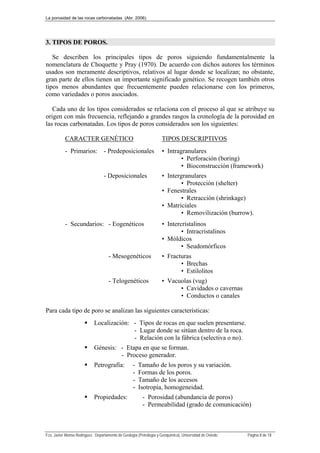 La porosidad de las rocas carbonatadas (Abr. 2006)
Fco. Javier Alonso Rodríguez. Departamento de Geología (Petrología y Geoquímica). Universidad de Oviedo. Página 8 de 18
3. TIPOS DE POROS.
Se describen los principales tipos de poros siguiendo fundamentalmente la
nomenclatura de Choquette y Pray (1970). De acuerdo con dichos autores los términos
usados son meramente descriptivos, relativos al lugar donde se localizan; no obstante,
gran parte de ellos tienen un importante significado genético. Se recogen también otros
tipos menos abundantes que frecuentemente pueden relacionarse con los primeros,
como variedades o poros asociados.
Cada uno de los tipos considerados se relaciona con el proceso al que se atribuye su
origen con más frecuencia, reflejando a grandes rasgos la cronología de la porosidad en
las rocas carbonatadas. Los tipos de poros considerados son los siguientes:
CARACTER GENÉTICO TIPOS DESCRIPTIVOS
- Primarios: - Predeposicionales • Intragranulares
• Perforación (boring)
• Bioconstrucción (framework)
- Deposicionales • Intergranulares
• Protección (shelter)
• Fenestrales
• Retracción (shrinkage)
• Matriciales
• Removilización (burrow).
- Secundarios: - Eogenéticos • Intercristalinos
• Intracristalinos
• Móldicos
• Seudomórficos
- Mesogenéticos • Fracturas
• Brechas
• Estilolitos
- Telogenéticos • Vacuolas (vug)
• Cavidades o cavernas
• Conductos o canales
Para cada tipo de poro se analizan las siguientes características:
 Localización: - Tipos de rocas en que suelen presentarse.
- Lugar donde se sitúan dentro de la roca.
- Relación con la fábrica (selectiva o no).
 Génesis: - Etapa en que se forman.
- Proceso generador.
 Petrografía: - Tamaño de los poros y su variación.
- Formas de los poros.
- Tamaño de los accesos
- Isotropía, homogeneidad.
 Propiedades: - Porosidad (abundancia de poros)
- Permeabilidad (grado de comunicación)
 