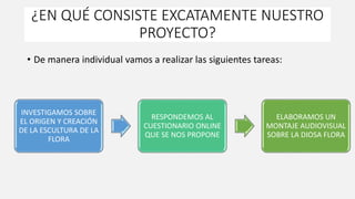 ¿EN QUÉ CONSISTE EXCATAMENTE NUESTRO
PROYECTO?
• De manera individual vamos a realizar las siguientes tareas:
INVESTIGAMOS SOBRE
EL ORIGEN Y CREACIÓN
DE LA ESCULTURA DE LA
FLORA
RESPONDEMOS AL
CUESTIONARIO ONLINE
QUE SE NOS PROPONE
ELABORAMOS UN
MONTAJE AUDIOVISUAL
SOBRE LA DIOSA FLORA
 
