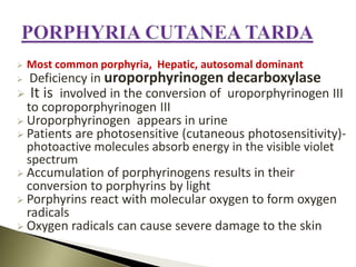  Most common porphyria, Hepatic, autosomal dominant
 Deficiency in uroporphyrinogen decarboxylase
 It is involved in the conversion of uroporphyrinogen III
to coproporphyrinogen III
 Uroporphyrinogen appears in urine
 Patients are photosensitive (cutaneous photosensitivity)-
photoactive molecules absorb energy in the visible violet
spectrum
 Accumulation of porphyrinogens results in their
conversion to porphyrins by light
 Porphyrins react with molecular oxygen to form oxygen
radicals
 Oxygen radicals can cause severe damage to the skin
 
