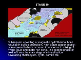 STAGE 10
Subsequent upwelling of magmatic hydrothermal brine
resulted in sulfide deposition. High grade copper deposit
is interpreted to have occurred in response to mixing of
hybrid liquid and metal rich brine. The second phase of
void infill was the main stage of mineralization
developing chalcopyrite, pyrite, bornite etc.
 