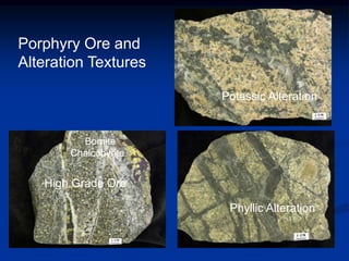 Potassic Alteration
High Grade Ore
Bornite
Chalcopyrite
Porphyry Ore and
Alteration Textures
Phyllic Alteration
 