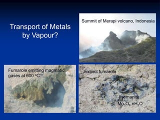 Transport of Metals
by Vapour?
Extinct fumarole
Summit of Merapi volcano, Indonesia
Fumarole emitting magmatic
gases at 600 oC
Mo3O8.nH2O
Ilsemanite
 