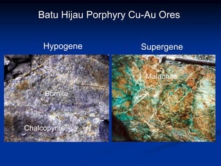 Batu Hijau Porphyry Cu-Au Ores
Supergene
Hypogene
Chalcopyrite
Bornite
Malachite
 