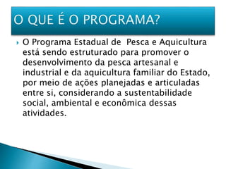  O Programa Estadual de Pesca e Aquicultura
está sendo estruturado para promover o
desenvolvimento da pesca artesanal e
industrial e da aquicultura familiar do Estado,
por meio de ações planejadas e articuladas
entre si, considerando a sustentabilidade
social, ambiental e econômica dessas
atividades.
 