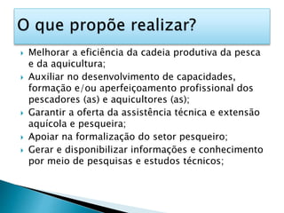  Melhorar a eficiência da cadeia produtiva da pesca
e da aquicultura;
 Auxiliar no desenvolvimento de capacidades,
formação e/ou aperfeiçoamento profissional dos
pescadores (as) e aquicultores (as);
 Garantir a oferta da assistência técnica e extensão
aquícola e pesqueira;
 Apoiar na formalização do setor pesqueiro;
 Gerar e disponibilizar informações e conhecimento
por meio de pesquisas e estudos técnicos;
 