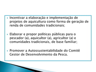  Incentivar a elaboração e implementação de
projetos de aquicultura como forma de geração de
renda de comunidades tradicionais;
 Elaborar e propor políticas públicas para o
pescador (a), aquicultor (a), agricultor (a) e
comunidades tradicionais, de base familiar;
 Promover a Autossustentabilidade do Comitê
Gestor de Desenvolvimento da Pesca.
 