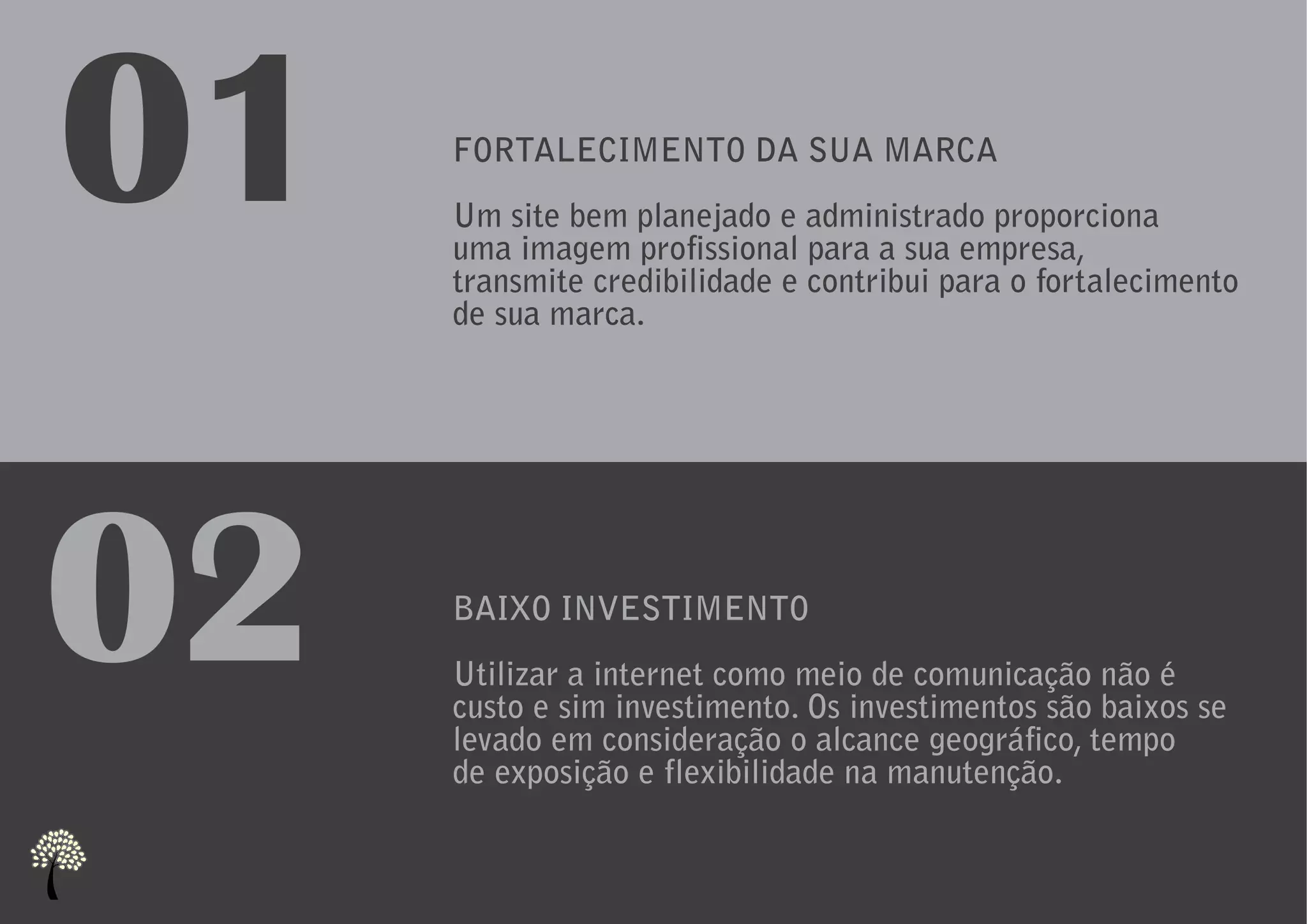 01   FORTALECIMENTO DA SUA MARCA
     Um site bem planejado e administrado proporciona
     uma imagem profissional para a sua empresa,
     transmite credibilidade e contribui para o fortalecimento
     de sua marca.




02   BAIXO INVESTIMENTO
     Utilizar a internet como meio de comunicação não é
     custo e sim investimento. Os investimentos são baixos se
     levado em consideração o alcance geográfico, tempo
     de exposição e flexibilidade na manutenção.
 