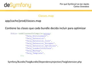 Por qué Symfony2 es tan rápido
Carlos Granados
Contenedor de dependencias
app/cache/prod/appProdProjectContainer.php
• Lo ...