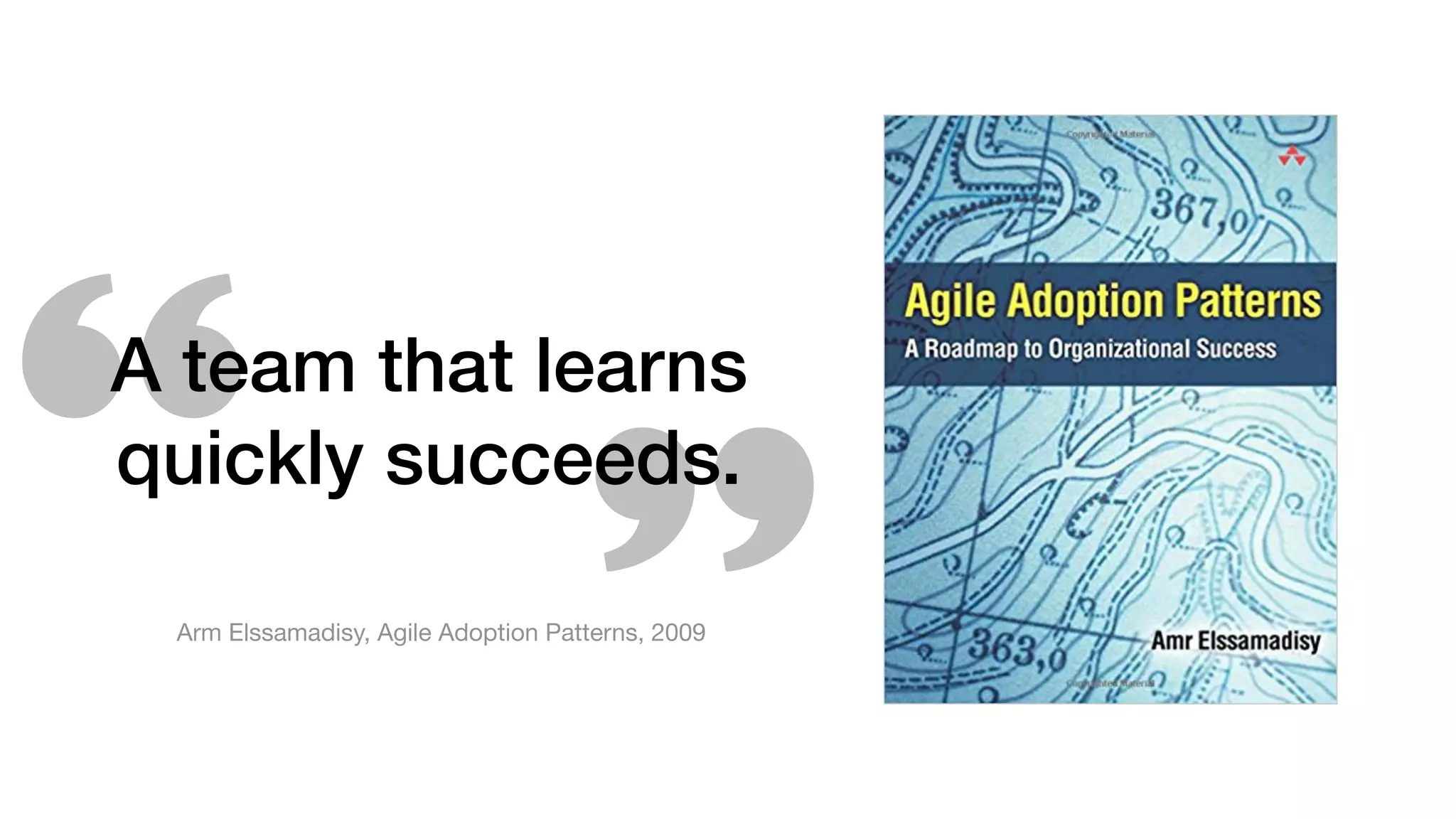 A team that learns
quickly succeeds.
Arm Elssamadisy, Agile Adoption Patterns, 2009
 