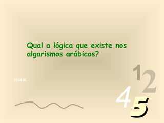 Qual a lógica que existe nos
     algarismos arábicos?


                                    1
013456…




                             452
 