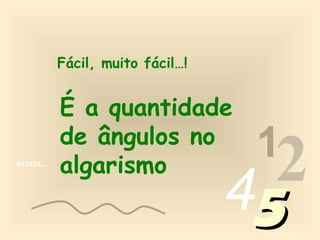 013456…
1
2455
Fácil, muito fácil…!
É a quantidade
de ângulos no
algarismo
 